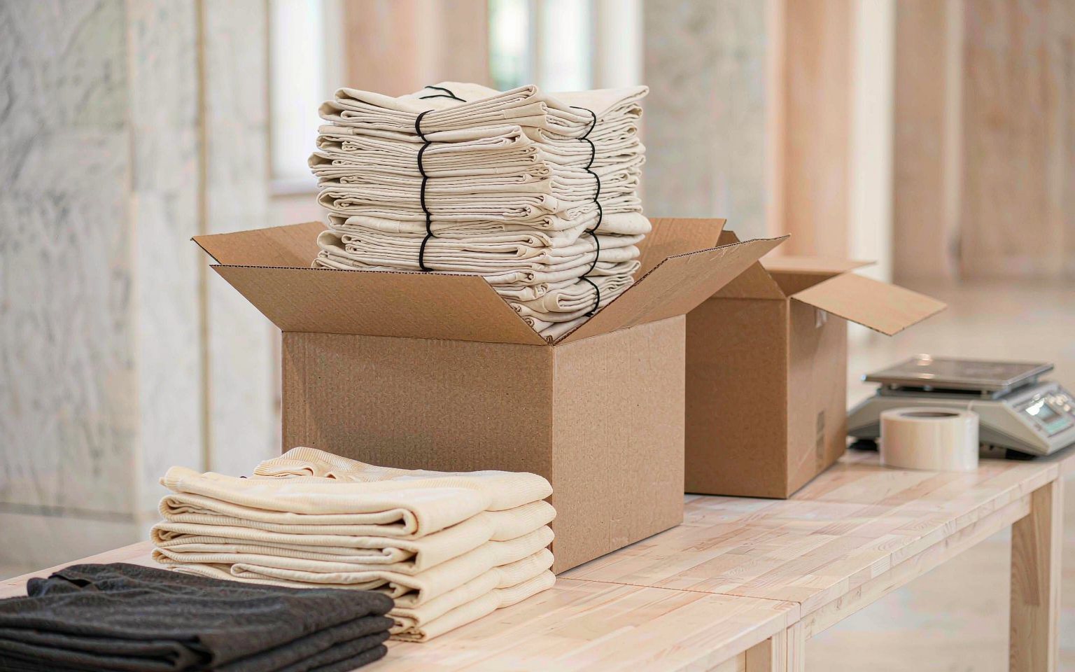 Packing and export station with kraft cartons